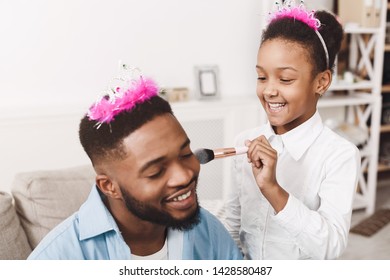 Funny Time! Father And Daughter Playing At Home, Girl Doing Makeup To Dad