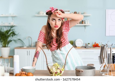 Funny Tired Housewife In Kitchen