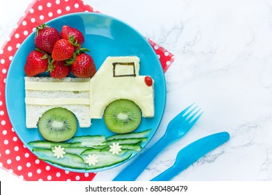 Funny Toast In A Shape Of Car, Sandwich With Cheese, Strawberry And Kiwi, Food For Kids Idea, Top View