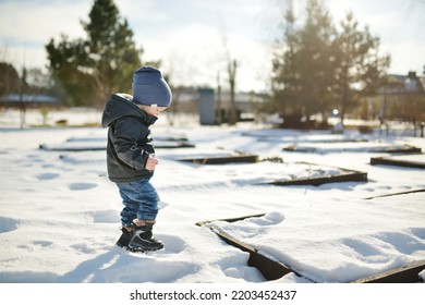 Funny Toddler Boy Having Fun Outdoors On Chilly Winter Day. Child Exploring Nature. Winter Activities For Small Kids.