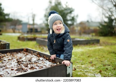 Funny Toddler Boy Having Fun Outdoors On Chilly Winter Day. Child Exploring Nature. Winter Activities For Small Kids.