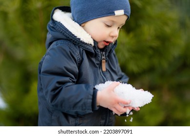 Funny Toddler Boy Having Fun Outdoors On Chilly Winter Day. Child Exploring Nature. Winter Activities For Small Kids.