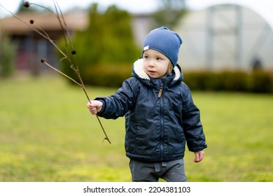 Funny Toddler Boy Having Fun Outdoors On Chilly Winter Day. Child Exploring Nature. Winter Activities For Small Kids.