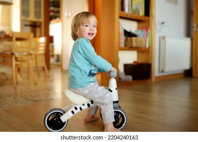 Funny Toddler Boy Riding A Baby Scooter At Home. Kid Training Balance On Mini Bike Indoors. Activities For Small Kids.