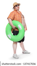 Funny tourist with life buoy. Travel insurance metaphor.