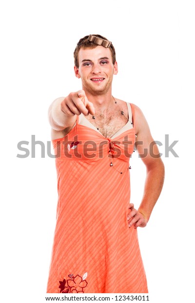 Funny Transvestite Crossdressing Man Pointing You Stock Photo