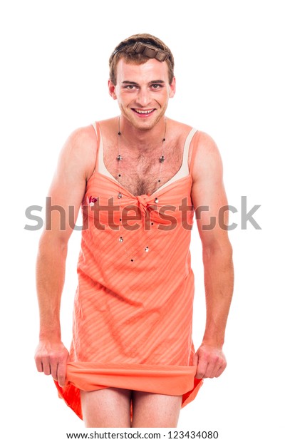 Funny Transvestite Man Crossdressing Isolated On Stockfoto