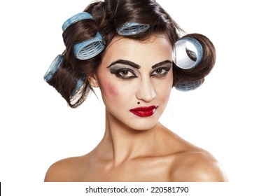 Funny Woman With Curlers And Bad Makeup