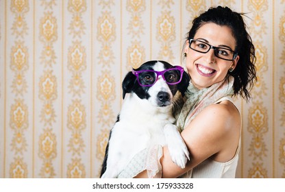 Funny Woman And Cute Dog Wearing Glasses. Portrait Of Happy Girl With Her Pet With Eyewear.