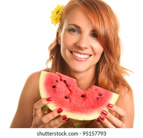 Funny Woman Eating Watermelon