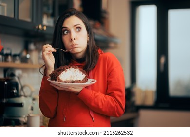 
Funny Woman Feeling Guilty Eating Cake Cheating Diet. Tired girlfriend listening to her boring date feeling somnolent
