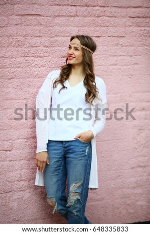 Funny woman hipster beautiful young, looking away, standing on pink background