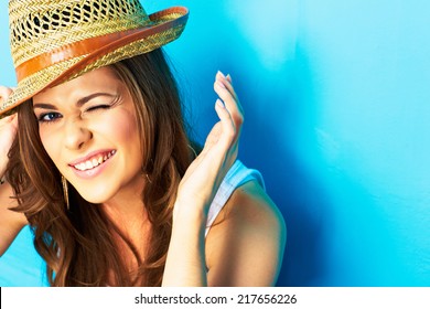 Funny Woman Portrait On Blue Background