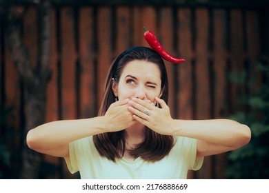 
Funny Woman Reacting After Eating Spicy Food. Hungry Person Regretting Having A Hot Snack Suffering Consequence
