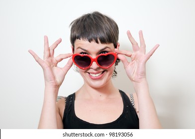 Funny Woman With Red Heart Sunglasses