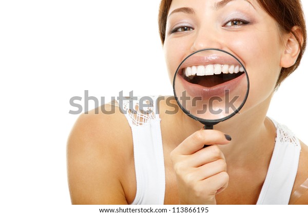 Funny Woman Smiling Show Teeth Through Stock Photo (Edit Now) 113866195