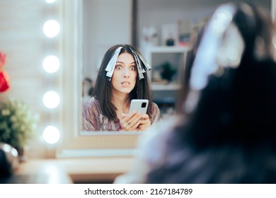 
Funny Woman Waiting In A Salon Checking Her Phone. Client Waiting For Developer Change Hair Color Reading Online News
