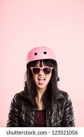 Funny Woman Wearing Cycling Helmet Portrait Pink Background Real People High Definition