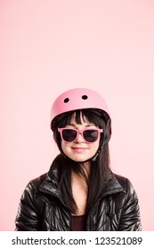 Funny Woman Wearing Cycling Helmet Portrait Pink Background Real People High Definition