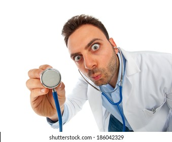 Funny young doctor man with stethoscope on white background.
