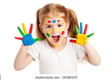Funny young girl with brightly painted hands. Isolated on white background.