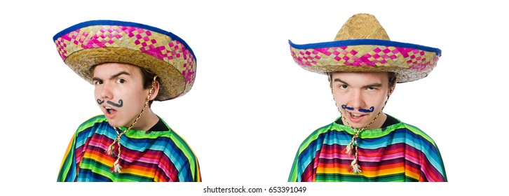 Funny Young Mexican With False Moustache Isolated On White