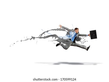 Funny Young Office Worker Running In A Hurry