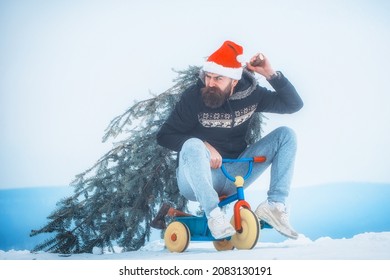 Funnyman Carrying Xmas Tree On White Snow.  Cyclist In Santa Hat And Sporty Wear Riding On A Bicycle On A Snowy Landscape