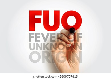 FUO Fever of Unknown Origin - condition in which the patient has an elevated temperature but, despite investigations by a physician, no explanation has been found, acronym text concept background