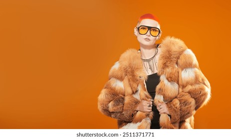 Fur Coat Fashion and Luxury style. Glamorous asian woman with short haircut and vivid orange hair posing in big stylish sunglasses and expensive fox fur coat on an orange studio background.  