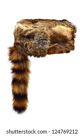 Fur Crockett Hat With A Raccoon Tail Isolated On White Background