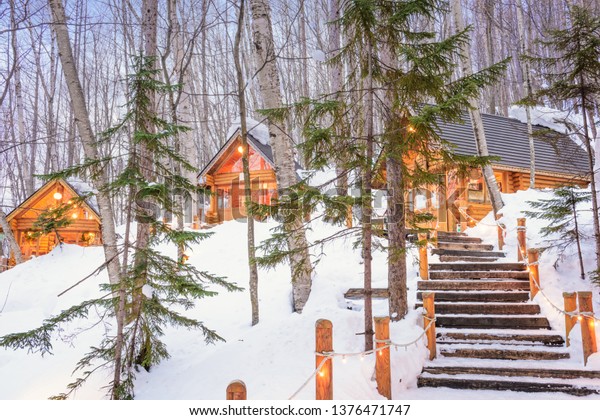 Furano Hokkaido Japan Winter Cabins Twilight Stock Photo Edit Now