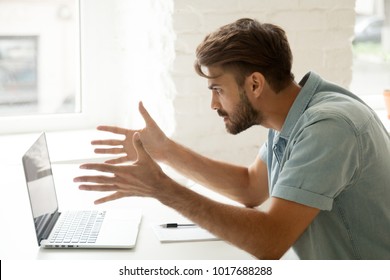 Furious man angry about bad news online or pc software failure, mad helpless office worker having problem with broken laptop, stressed student hates computer crash, user indignant about data loss