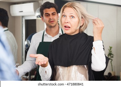 Furious Mature Woman Screaming On Hairdresser As Hair Cut Badly At The Hairdresser