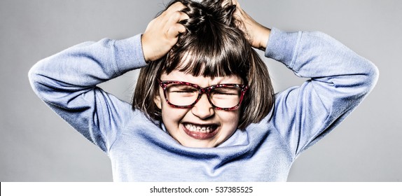 Furious Small Kid Having A Tantrum, Pulling Out Her Hair For Itchy Allergies Or Scratching Her Head For Anger And Frustration, Contrast Effects