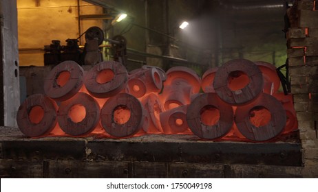 Furnace With Red Hot Metal Workpieces In Foundry. Room For Manufacture Of Metal Products By Casting. Casting Shop For Gassified Models. Blast Furnace Steel Production Steel Works.