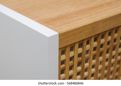 Furniture Close Up: Corner Of Modern Cabinet Unit With Wooden Latticed Facade