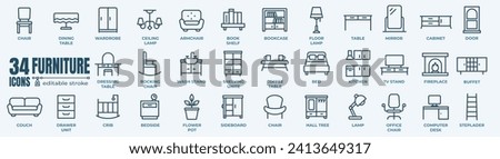 Furniture and home interior elements - thin line web icon set. Outline icons of kitchen, living room, bedroom and office collection. Simple vector illustration.
