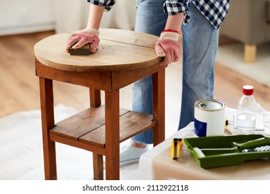 Furniture Renovation, Diy And Home Improvement Concept - Close Up Of Woman Sanding Old Wooden Table With Sponge