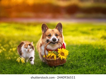 furry friends a cat and a corgi dog with a basket of sunflowers walking in a summer sunny garden - Powered by Shutterstock