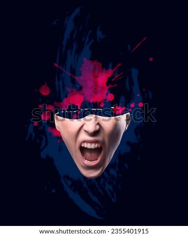 Fury. Frustrated and angry woman screaming. Modern art collage, design. Human frustration concept.