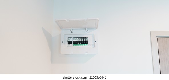 Fuse Board Box In Apartment Room. Electrical Power Switch Panel. Electricity Equipment And Security Concept