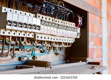 Fuse Box, Control Panel With Many Various Wires And Fuses, Electrical Control Panel Enclosure For Power And Distribution Electricity On The Building Site.