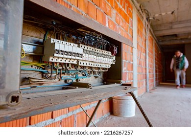 Fuse Box, Control Panel With Many Various Wires And Fuses, Electrical Control Panel Enclosure For Power And Distribution Electricity On The Building Site.