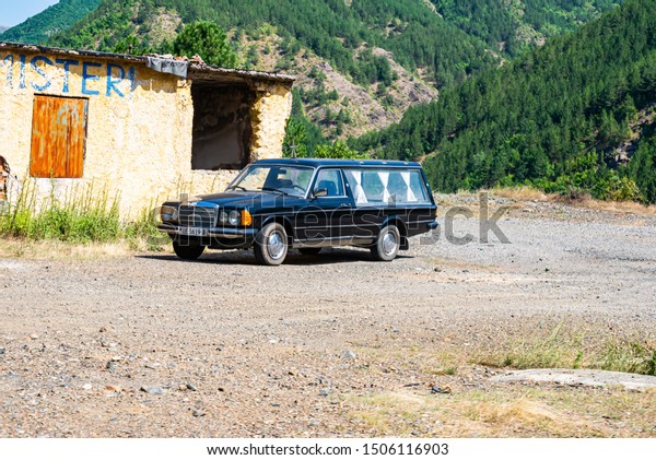 Fushe
Arrez, Albania - July 23, 2019. Black funeral
car