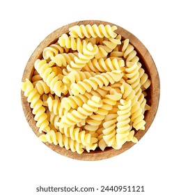 Fusili pasta in a wooden bowl isolated on white background. Rotini pasta in a wooden bowl isolated on white background. Italian cuisine. Fusili pasta in a wooden bowl. Top view scene. Classic Italian  - Powered by Shutterstock