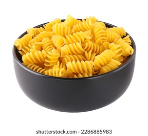 Fusilli pasta in black round plate, white background - Powered by Shutterstock