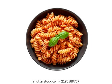 Fusilli pasta cooked with tomatoes sauce and basil isolated on white background with clipping path, top view. - Shutterstock ID 2198589757