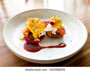 Fusion English Style Breakfast.. Poached Egg With Corn Salsa, Smoke Salmon, Hash Browns, And Hollandaise Sauce