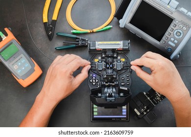 Fusion Splicing Tool, a set of fiber-optic or fiber-optic splicers for high-speed Internet connections. - Shutterstock ID 2163609759